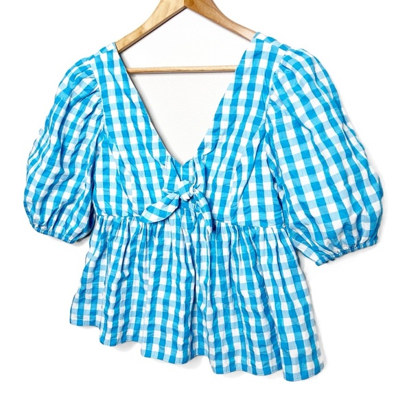 Lilly Pulitzer Sarafina Gingham Babydoll Womens Puff Short Sleeve Tie Top Blouse - Picture 6 of 16